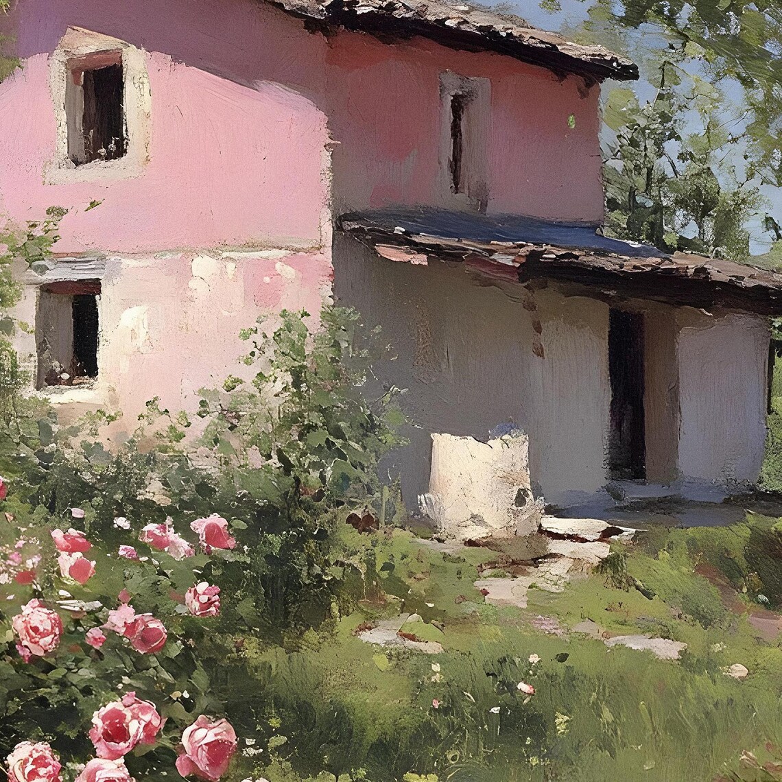Pink Cottage With Rose Garden Vintage Country House Painting Poster - Image 2