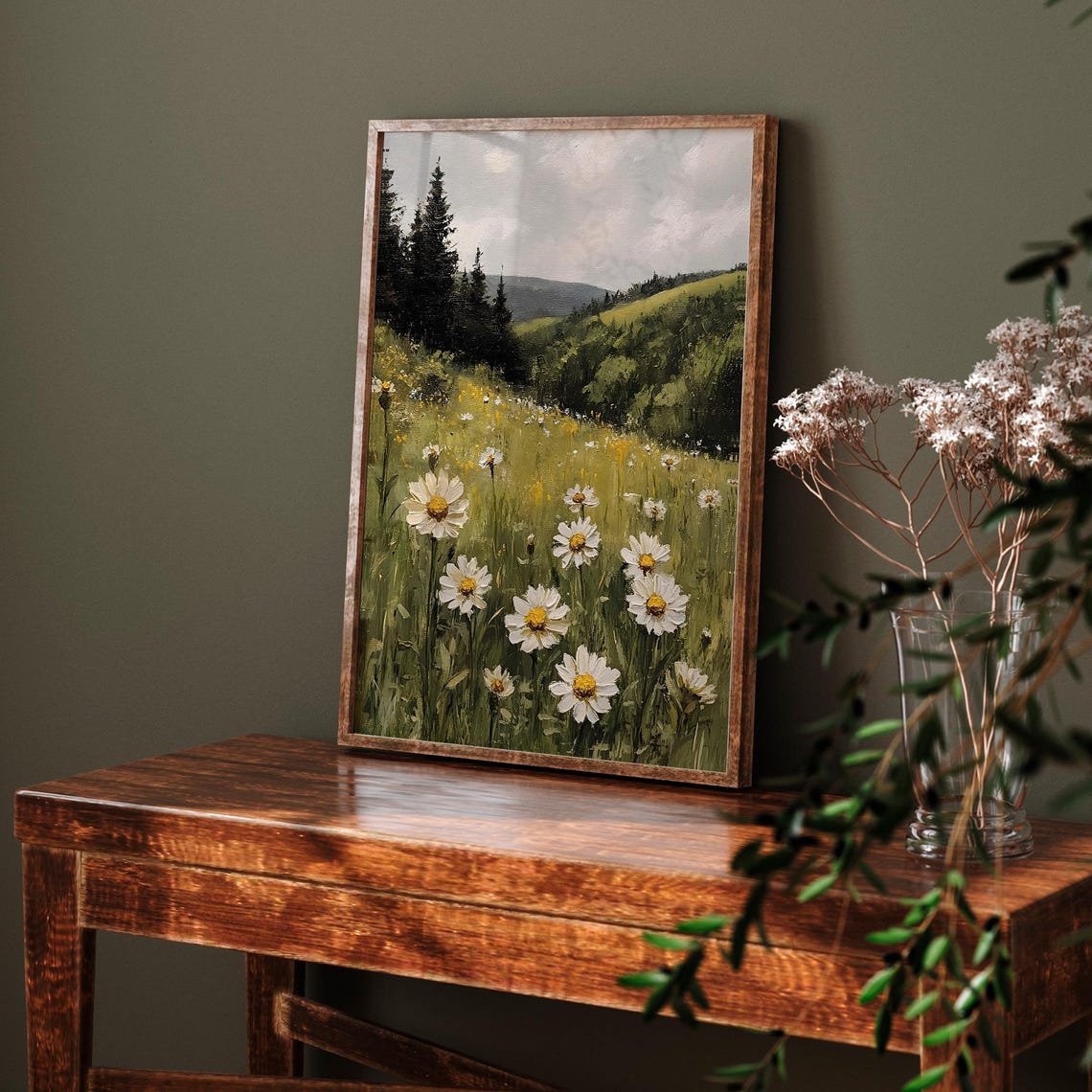 Daisy Field Before Pine Forest Vintage Green Meadow Painting Poster - Image 6