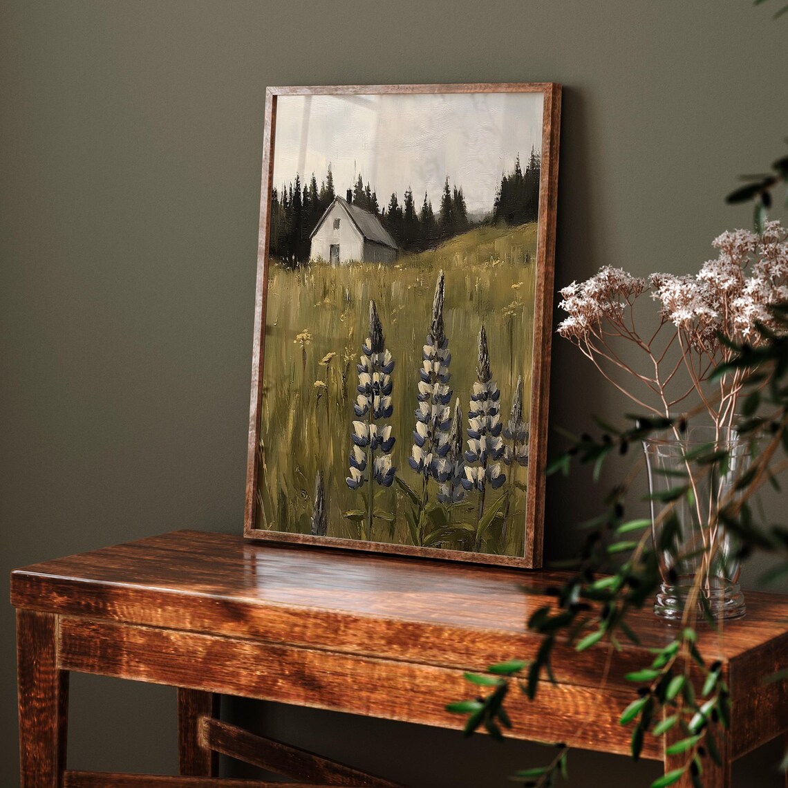 White Farmhouse With Purple Lupines Vintage Meadow Painting Poster - Image 6