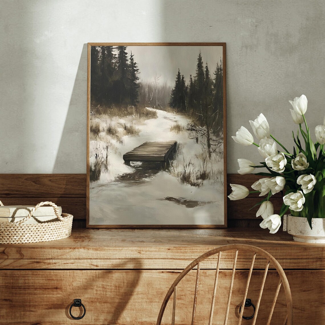 Vintage Winter Landscape, Moody Forest Scene With Bridge - Image 3