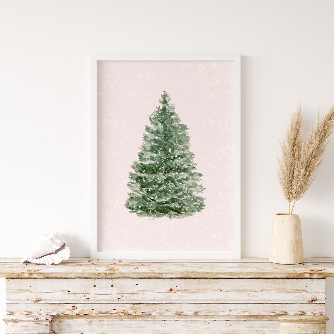 Watercolor Pine Tree Blush Pink Snow Winter Botanical Poster - Image 2