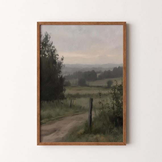 Vintage Landscape Painting, Moody Countryside Pathway Scene