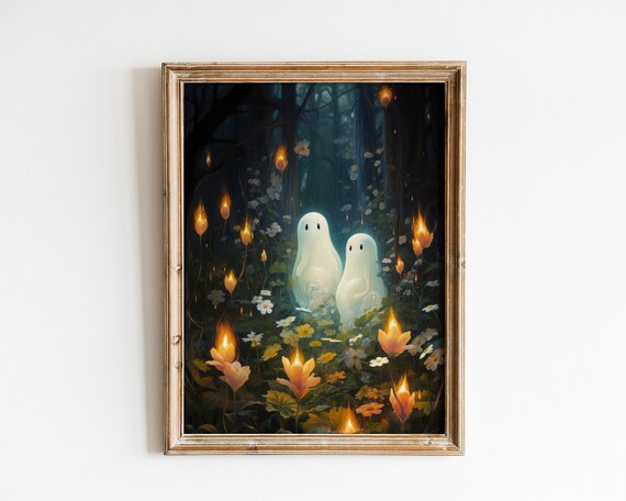 Two Little Ghosts in a Dark Forest with Glowing Flowers Halloween Poster
