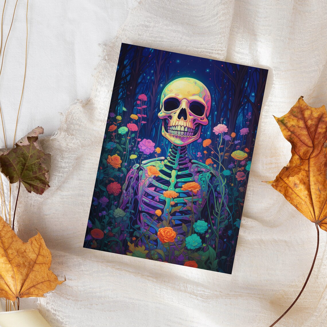 Neon Skeleton Among Colorful Flowers in a Night Forest Psychedelic Poster - Image 4