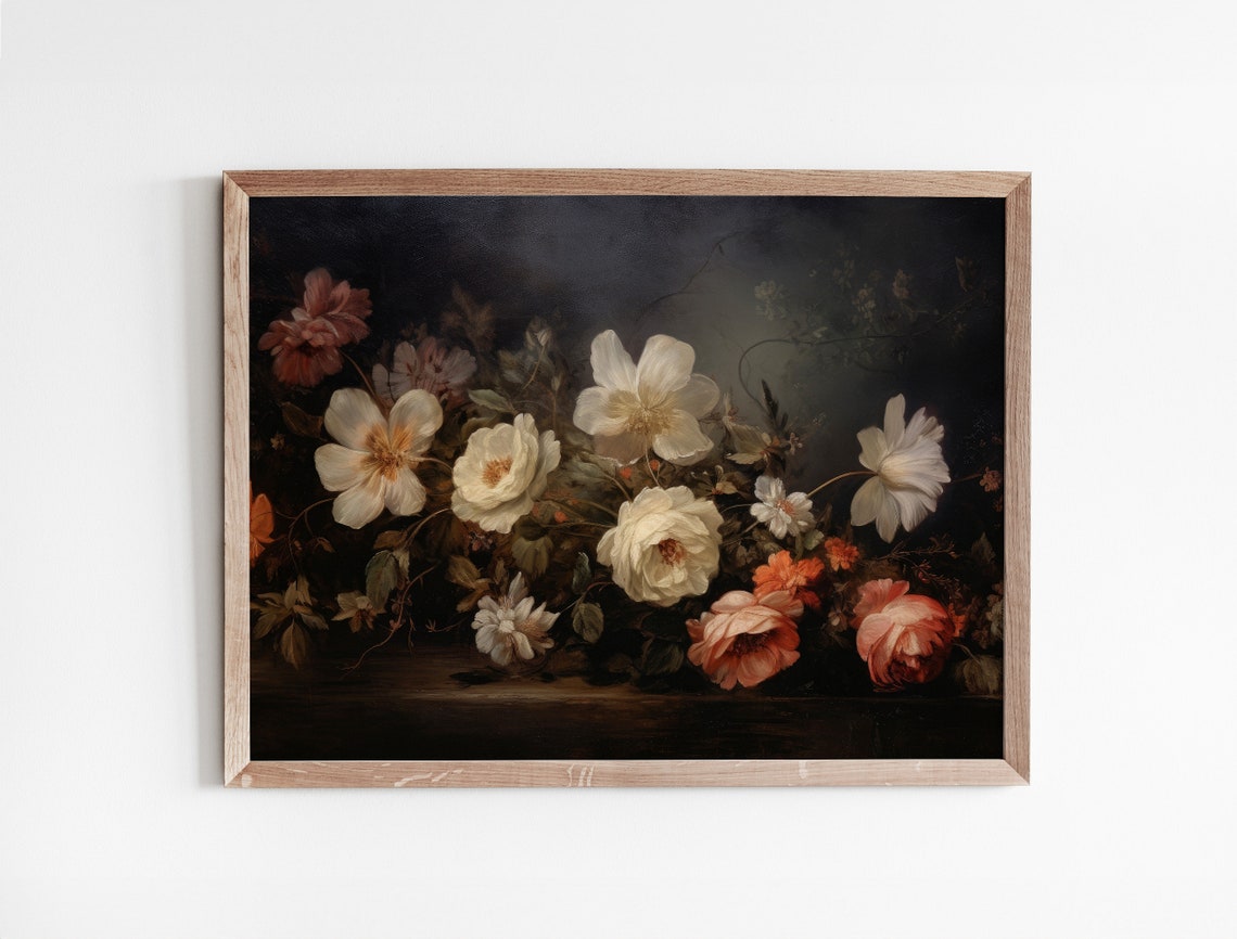 White And Blush Rose Bouquet On Dark Table Moody Painting Poster - Image 3