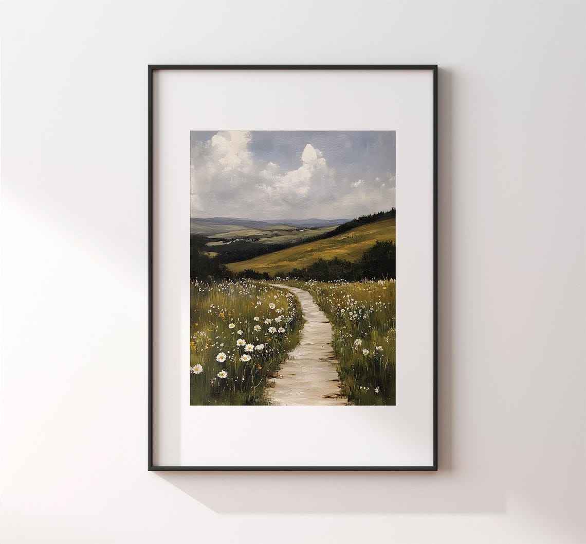 Winding Path Through Daisy Meadow Vintage Countryside Painting Poster - Image 2