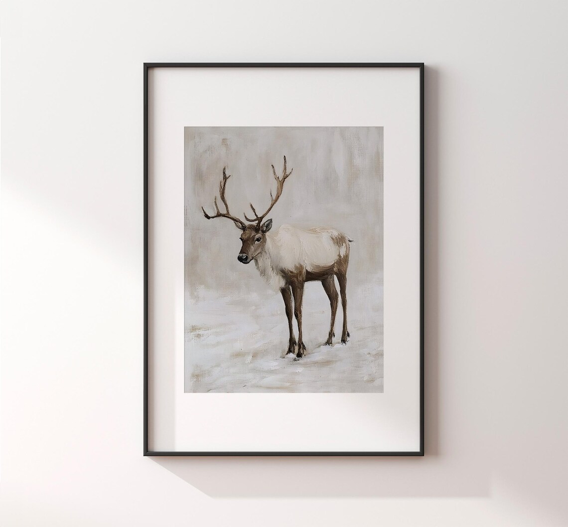 Standing Reindeer In Snow Neutral Toned Vintage Winter Animal Poster - Image 2