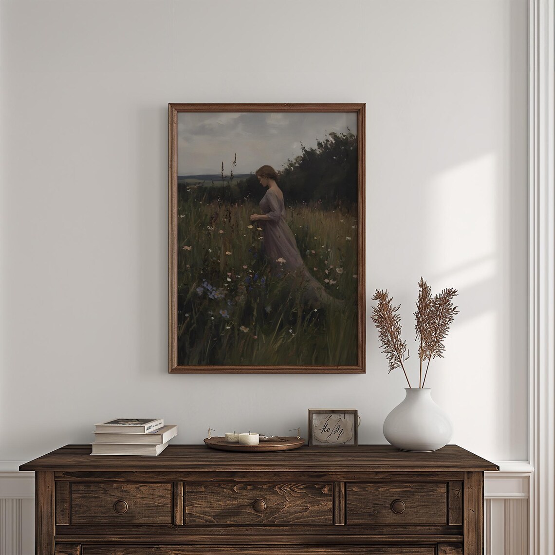 Woman In Lavender Dress Walking Wildflower Meadow Vintage Art Poster - Image 4