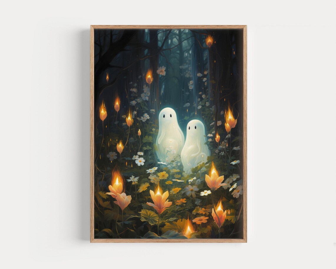 Two Little Ghosts in a Dark Forest with Glowing Flowers Halloween Poster - Image 2