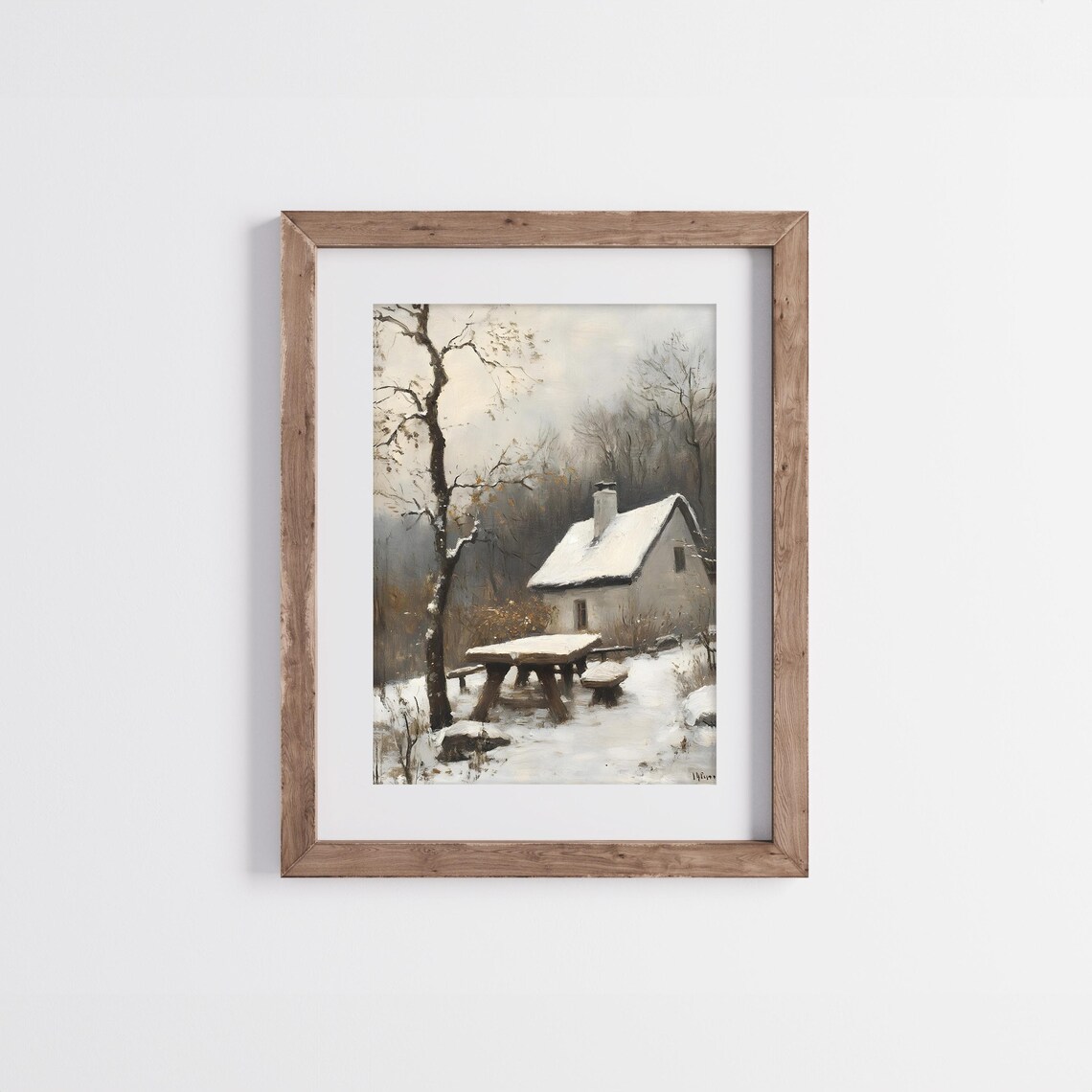 Snow Covered Cottage With Rustic Wooden Table Vintage Winter Landscape Poster - Image 4