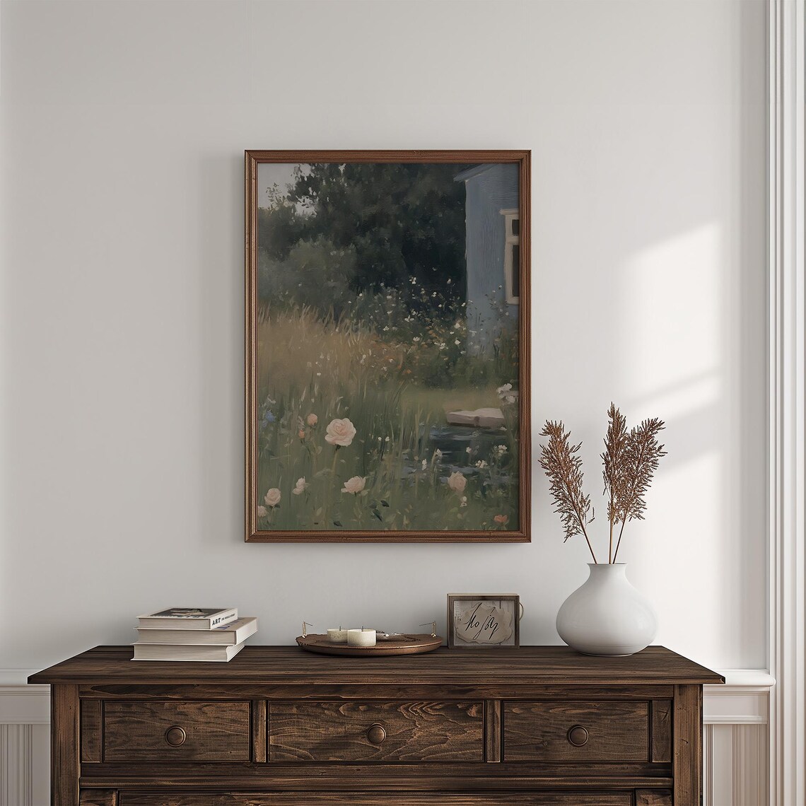 Vintage Rose Garden Cottage Pond Pale Roses Floral Oil Poster - Image 4
