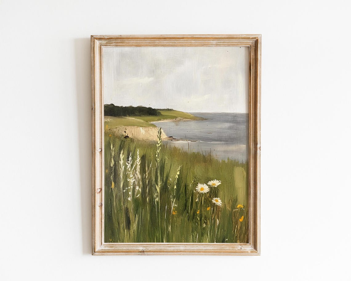 Coastal Cliffs With Daisies Vintage Seaside Landscape Painting Poster
