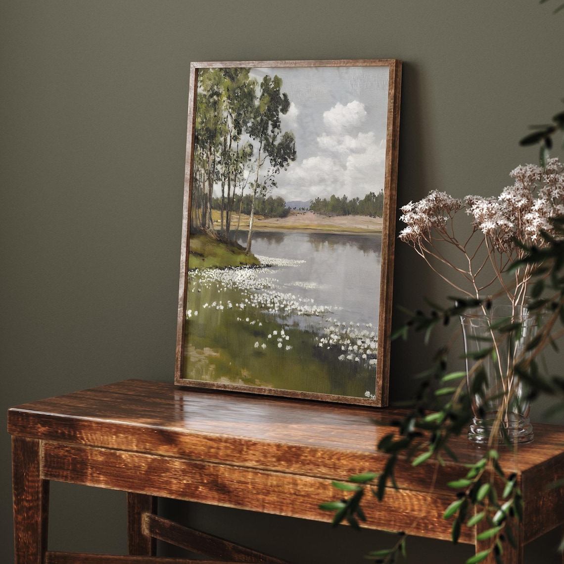 Vintage Spring Lake Landscape, Wildflowers Forest Scene - Image 6