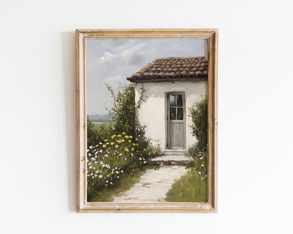 White Cottage With Wildflower Garden Path Terracotta Roof Spring Scene Poster