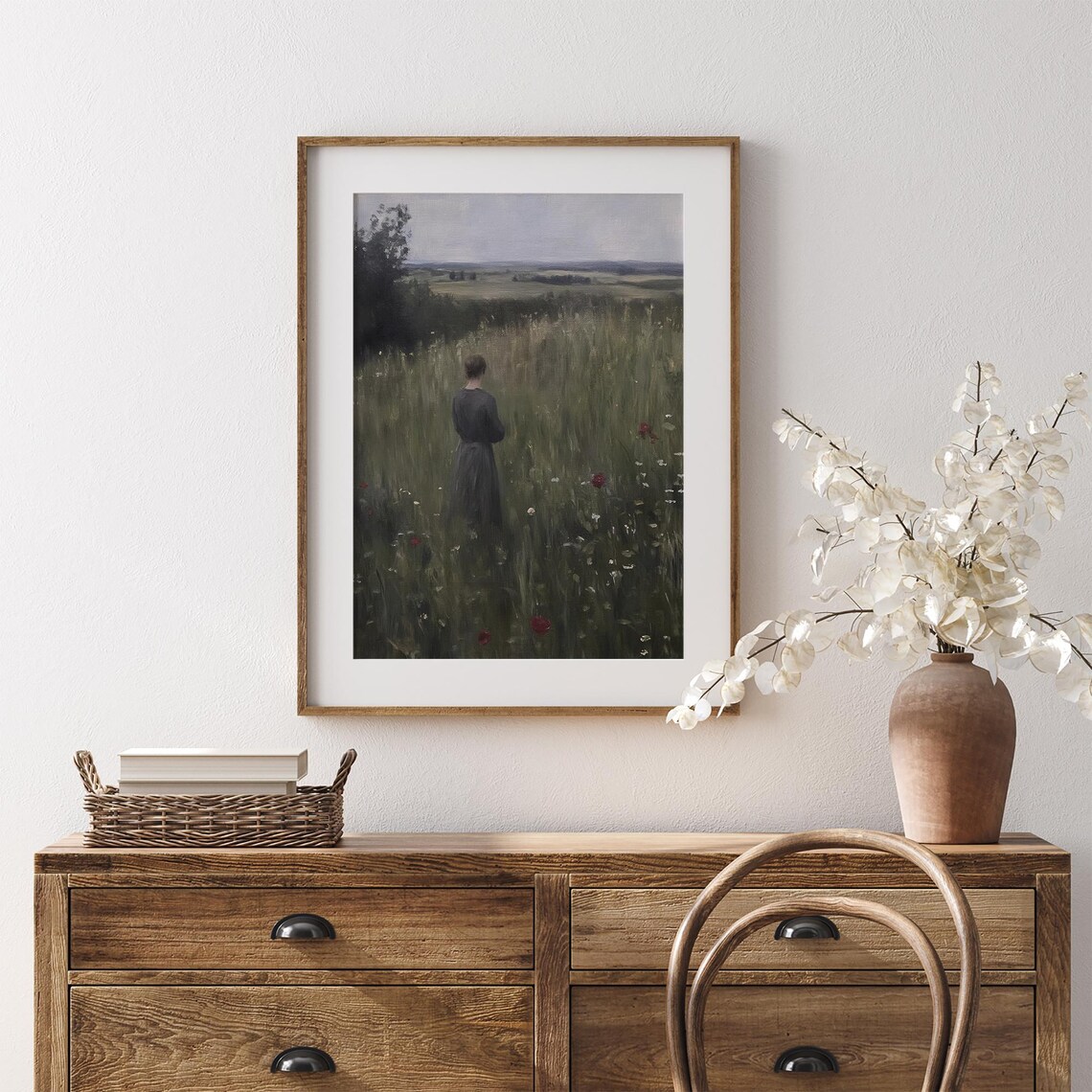 Woman In Dark Dress Standing In Wildflower Field Vintage Art Poster - Image 7