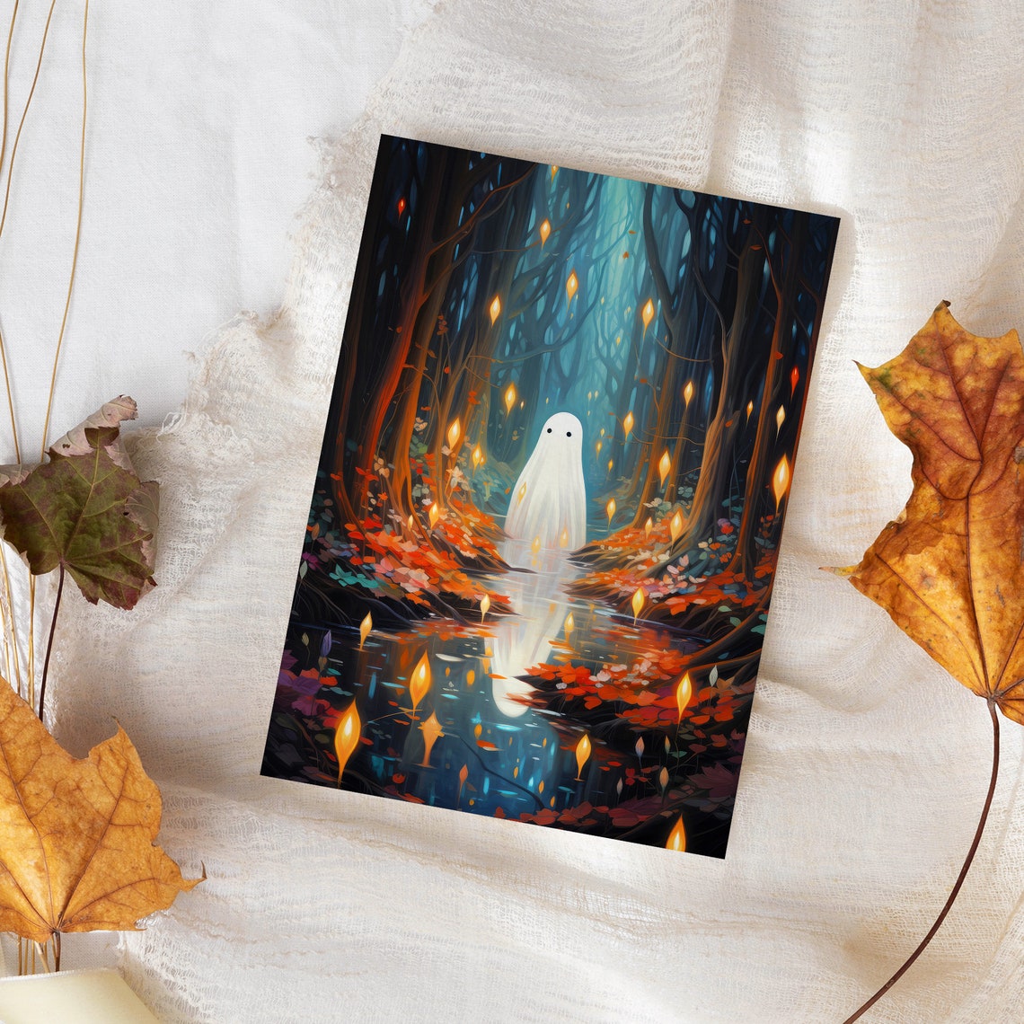 Cute Ghost In Enchanted Forest With Lanterns Halloween Poster - Image 4