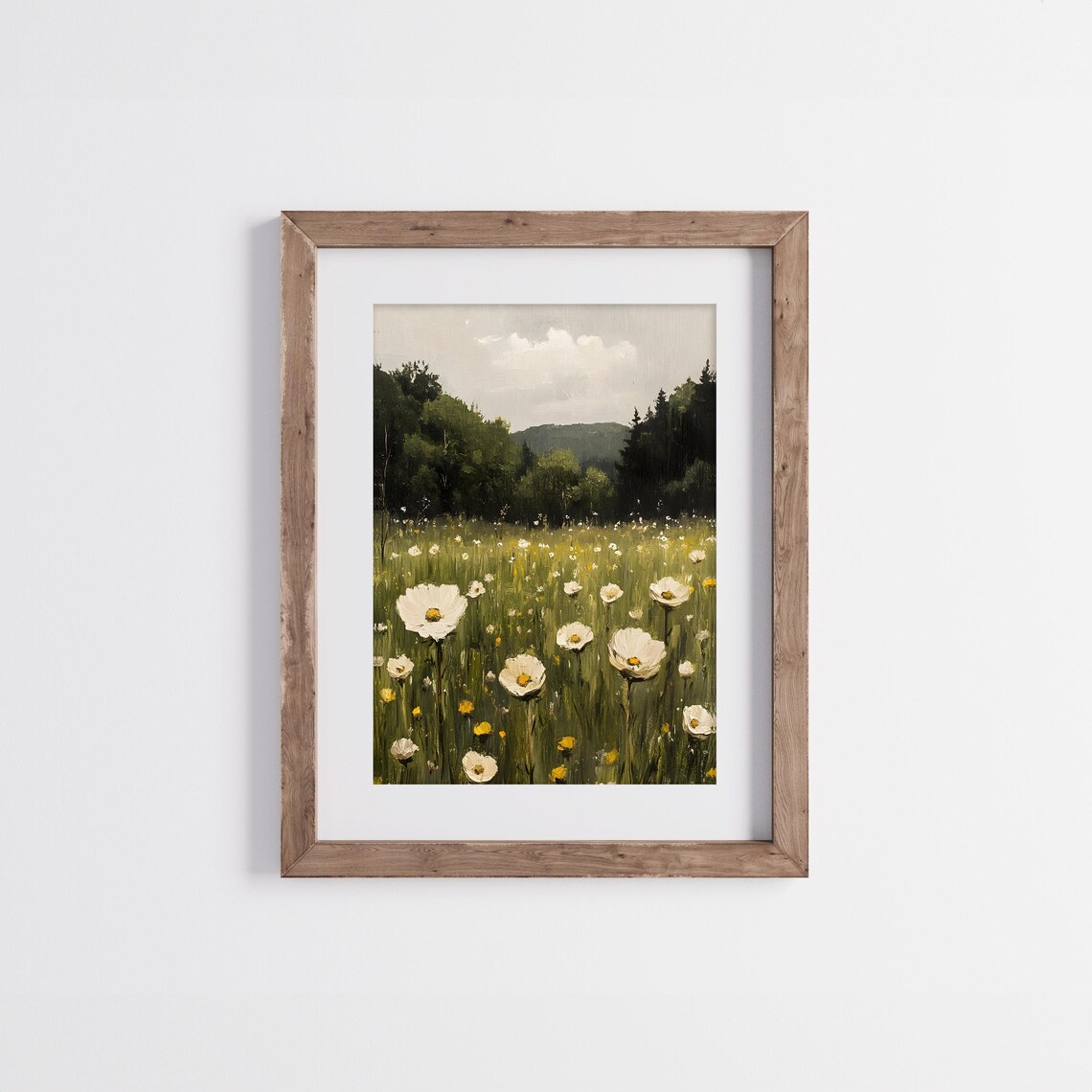 White Poppy Meadow With Forest Hills Vintage Floral Painting Poster - Image 3
