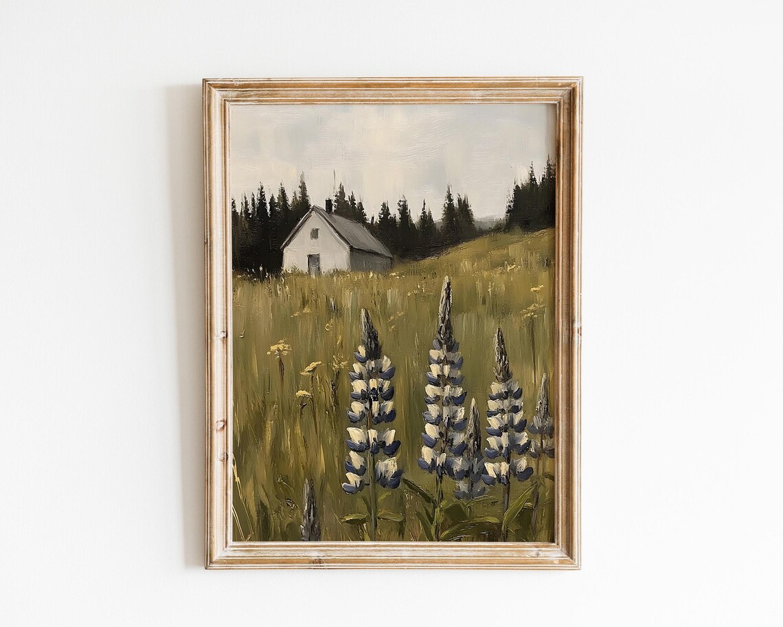 White Farmhouse With Purple Lupines Vintage Meadow Painting Poster