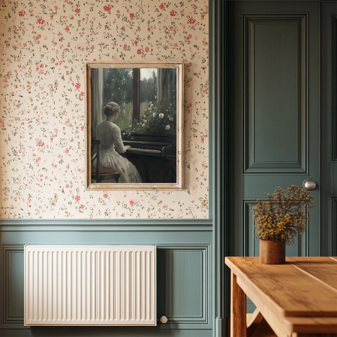 Woman At Piano White Dress Window Garden Moody Interior Oil Poster - Image 3