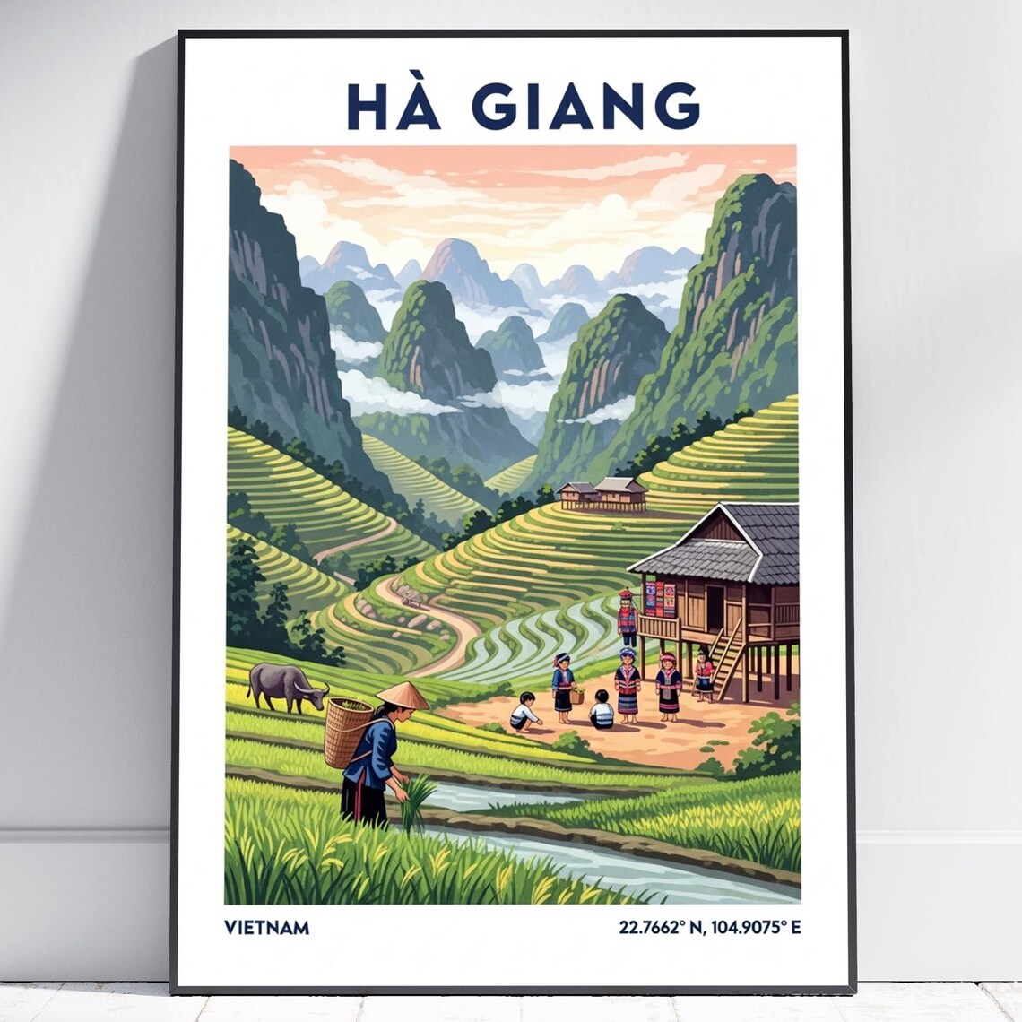 Ha Giang Vietnam Rice Terraces Village Vintage Gouache Poster