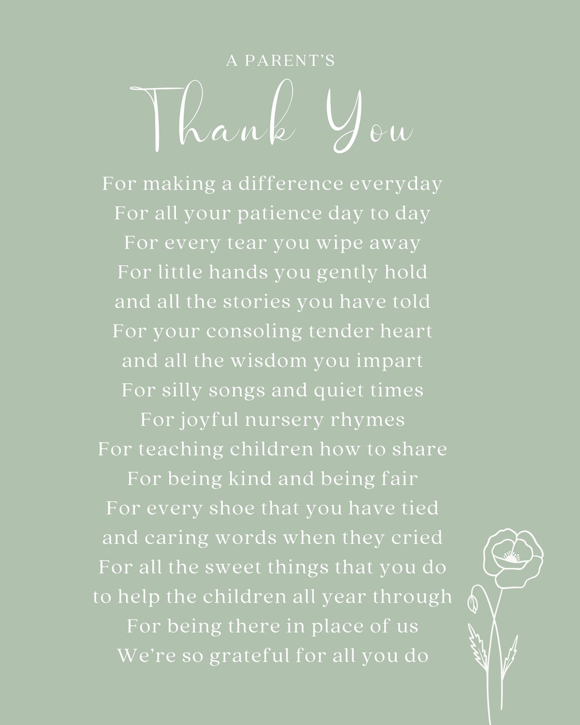 Parents Thank You Poem, Sage Green Nursery Art Print - Image 2