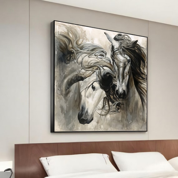 Two Elegant Horses Flowing Manes Black White Equine Wall Poster