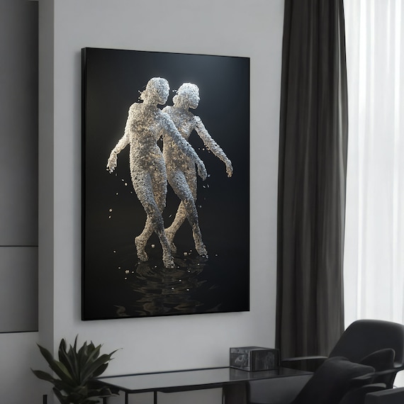 Dancing Silver Human Figures Elegant Modern Canvas Painting Unique Abstract Art For Contemporary Wall Decor