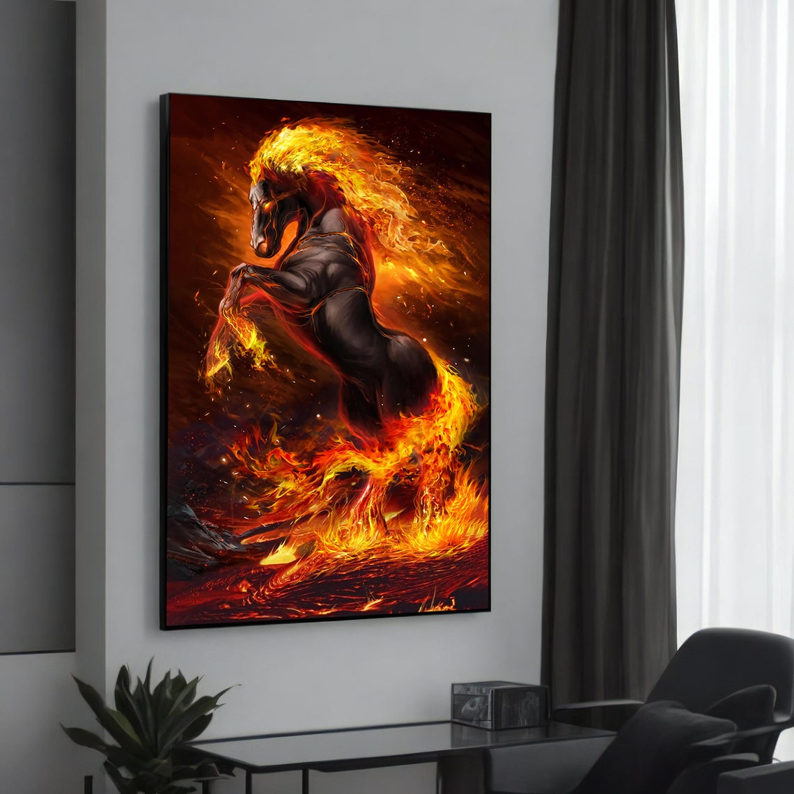 Fiery Black Stallion Rearing in Flames Dramatic Fantasy Art Poster