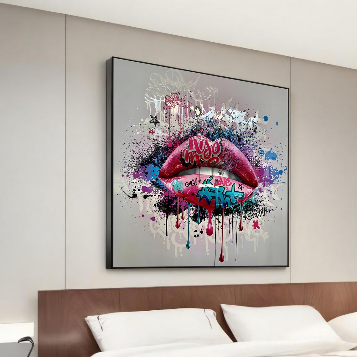 Red Graffiti Lips Dripping Paint Urban Pop Art Canvas Wall Art