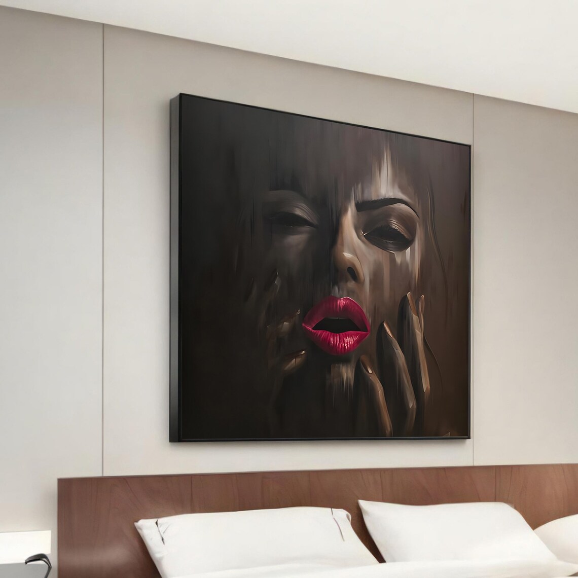 Moody Mysterious Woman Red Lips Dark Portrait Canvas Wall Art