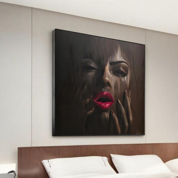 Moody Mysterious Woman Red Lips Dark Portrait Canvas Wall Art