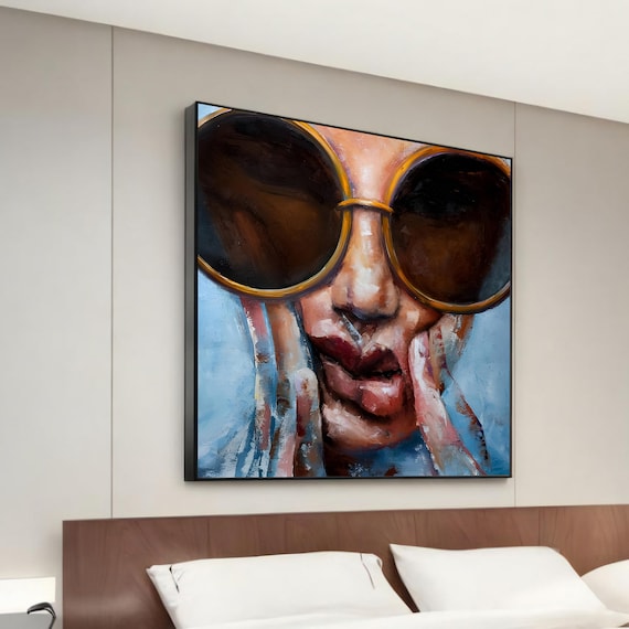Bold Woman With Oversized Sunglasses Kiss Oil Painting Wall Art
