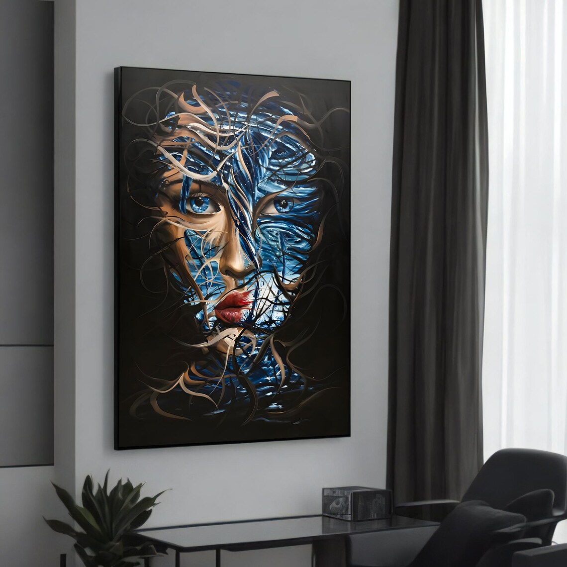 Enigmatic Blue Woman Portrait Abstract Red Lips Modern Art Poster