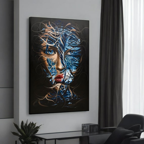 Blue Abstract Woman Portrait Canvas Enigmatic Red Lips And Eyes Contemporary Wall Art For Living Room Or Office