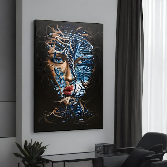 Enigmatic Blue Woman Portrait Abstract Red Lips Modern Art Poster