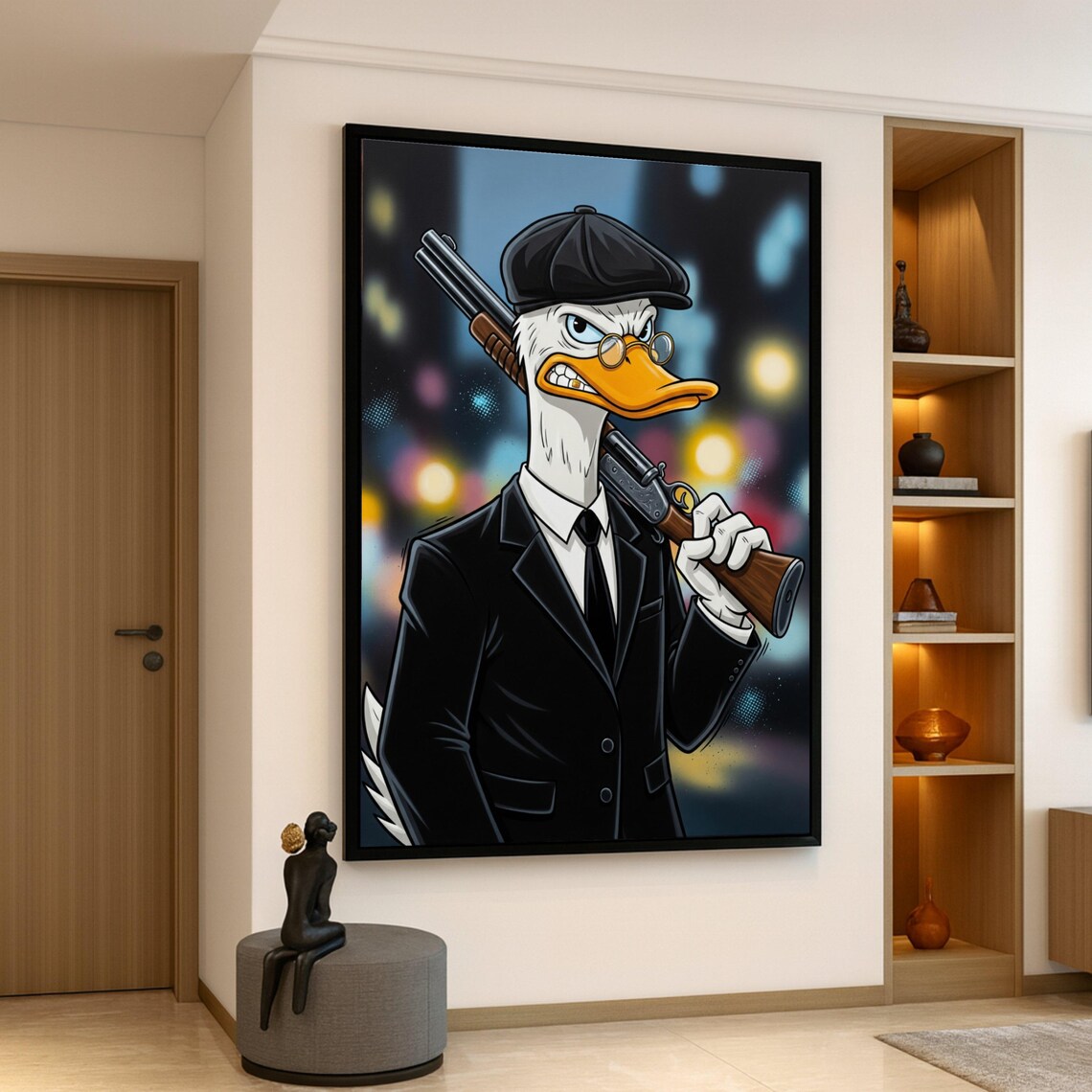 Gangster Duck Suit Flat Cap Shotgun Funny Cartoon Character Poster