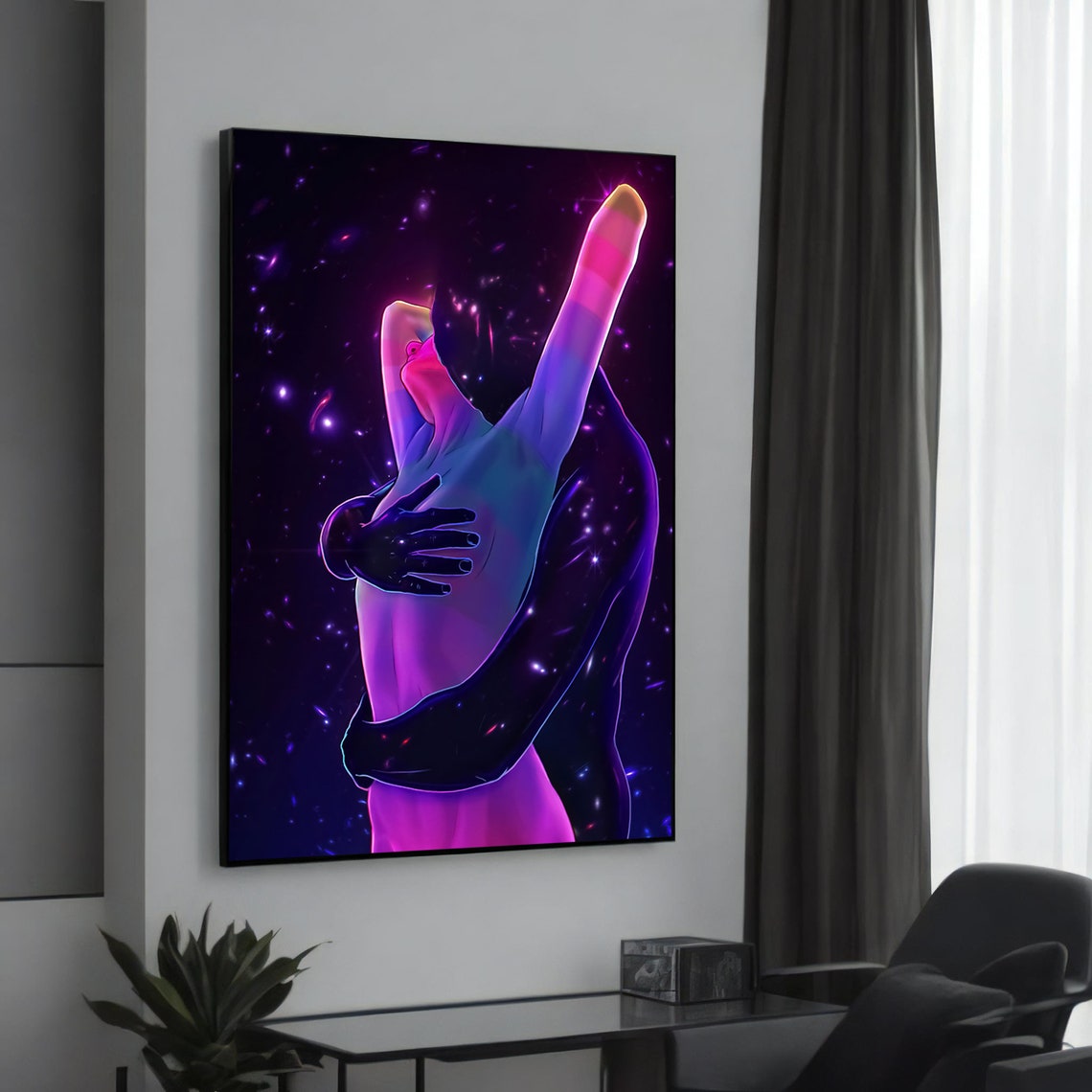 Neon Embrace Cosmic Lovers Passionate Galaxy Silhouette Canvas Poster