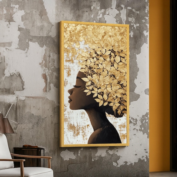 Elegant African Woman Golden Leaf Hair Luxury Silhouette Poster