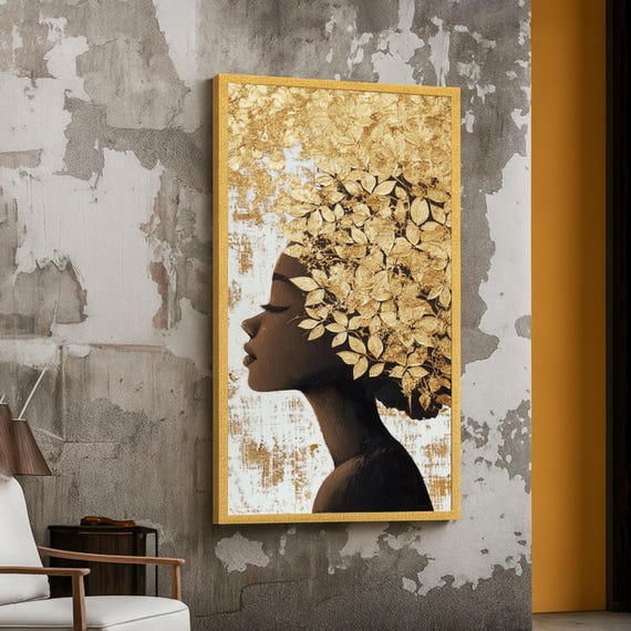Elegant Afro Woman Silhouette Canvas Golden Leaf Hair Art Modern Female Portrait Wall Decor Textured Abstract Luxury Home