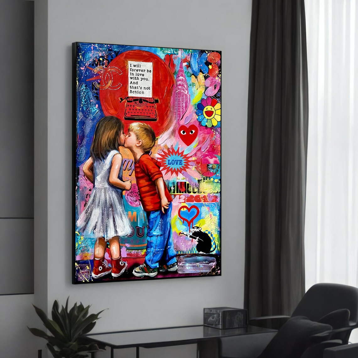 Kids Kissing Graffiti Pop Art Colorful Love Hearts Canvas Poster