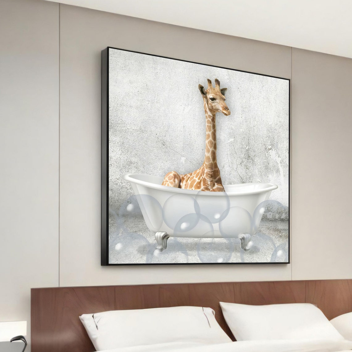 Playful Giraffe in Bathtub Whimsical Bubble Bath Artwork Poster