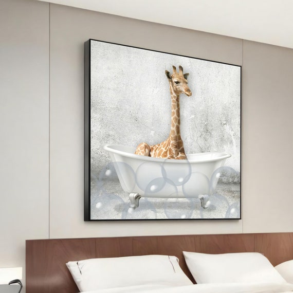 Playful Giraffe In Bathtub Canvas Painting Whimsical Animal Art Modern Wall Decor Unique Home Decoration Ready To Hang