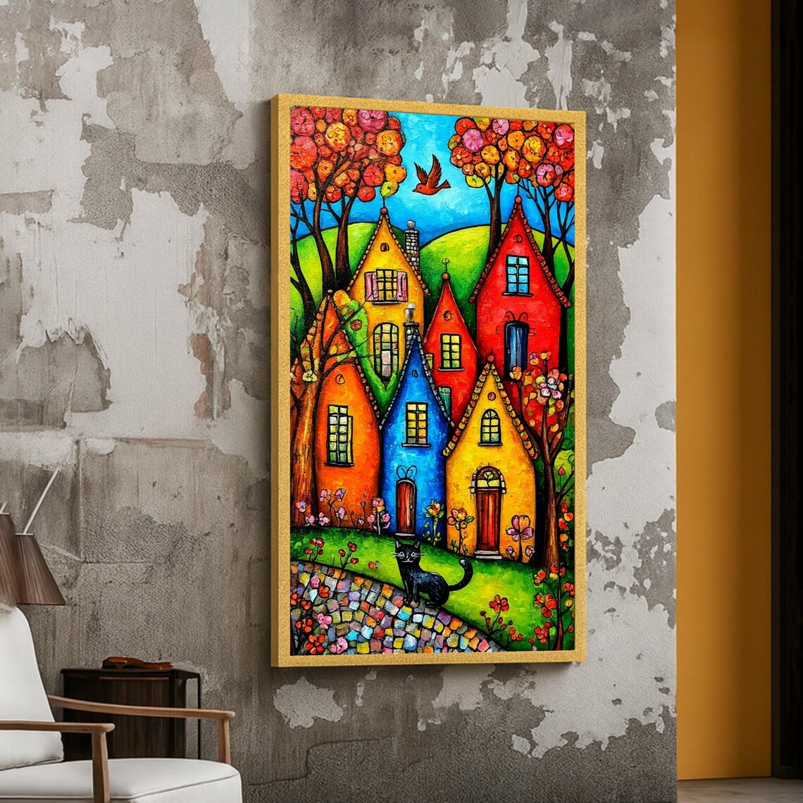 Colorful Whimsical Village Houses Black Cat Autumn Folk Wall Art