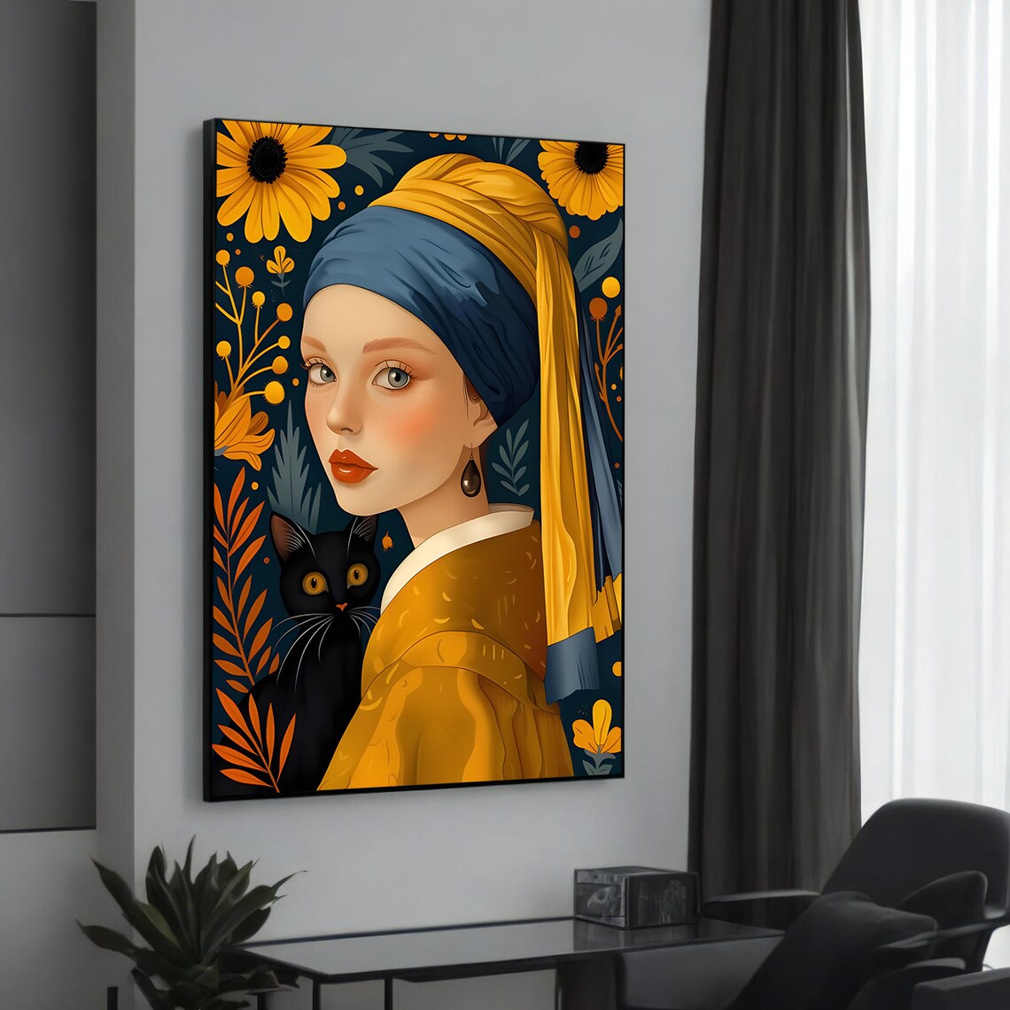 Girl with a Pearl Earring and Black Cat Floral Portrait Poster