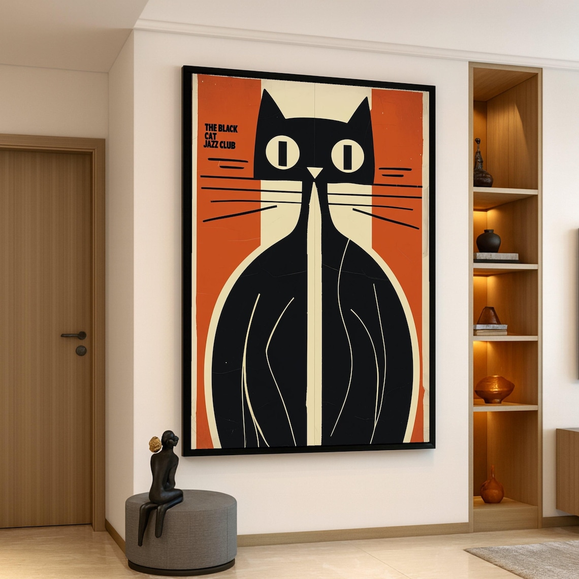 Black Cat Jazz Club Retro Mid Century Modern Cat Music Poster Art