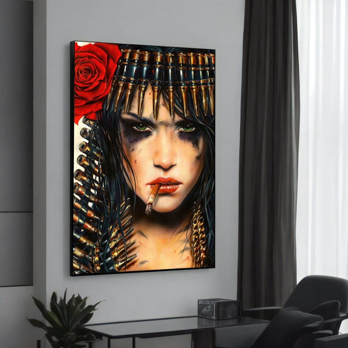 Fierce Woman With Bullets And Rose Art Print