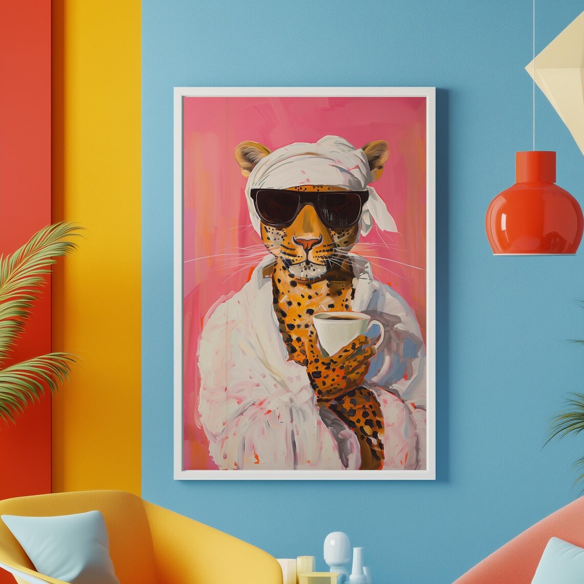 Leopard In Bathrobe With Sunglasses Drinking Coffee Funny Art Poster