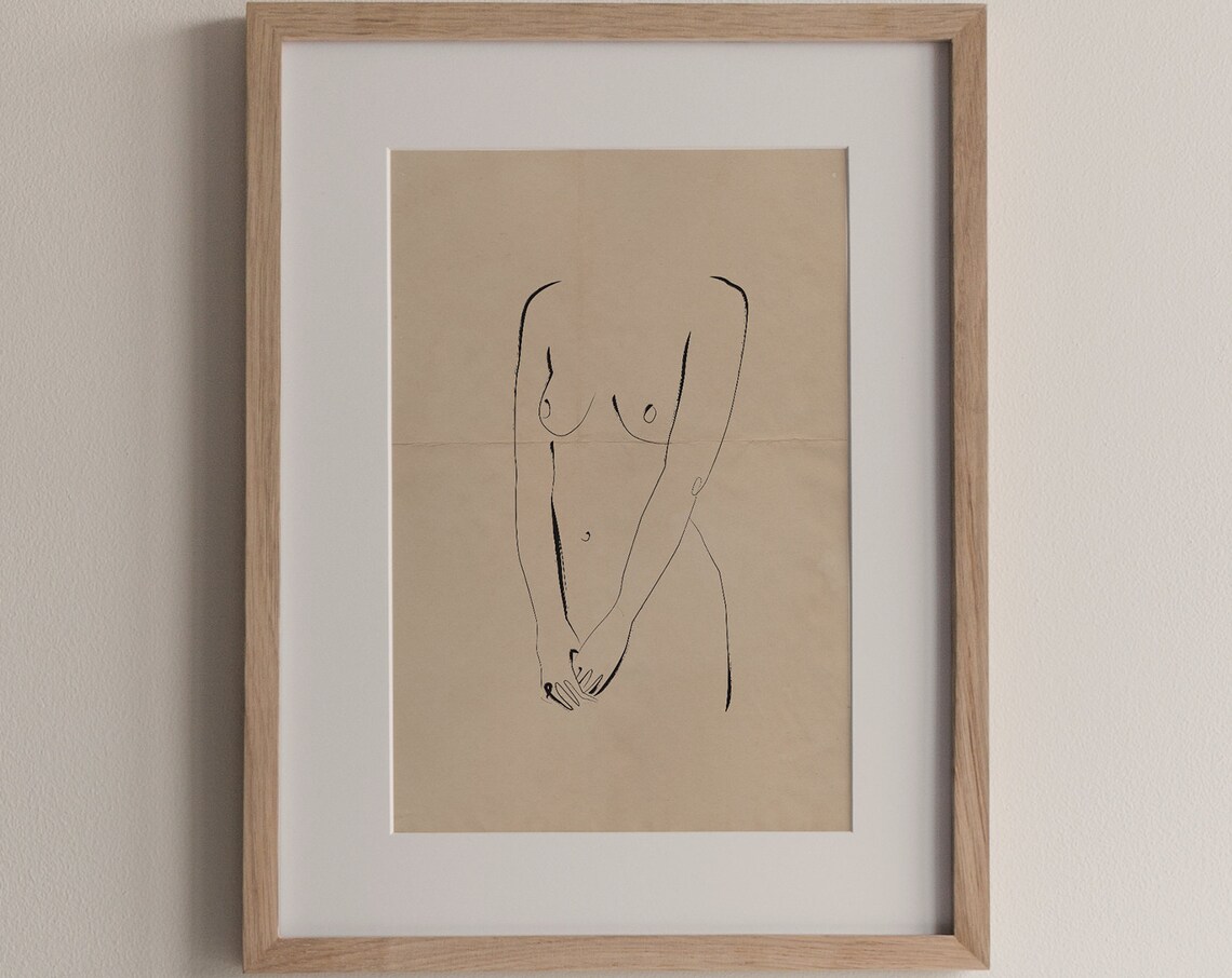 Minimalist Nude Sketch On Creased Vintage Paper - Image 2