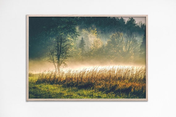Nature Wall Art Green Forest Morning Mist Horizontal Poster Digitals Livingroom Landscape Print Bedroom Decor