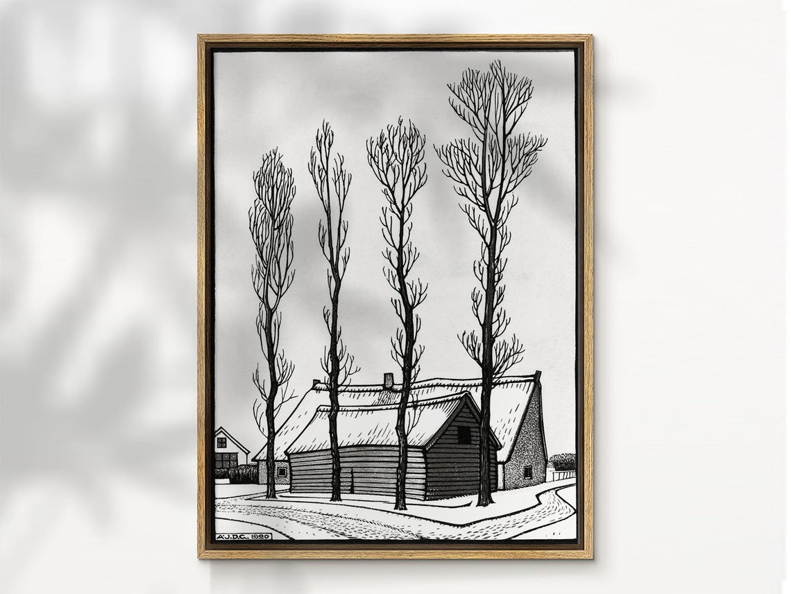 Winter Farmhouse Tall Bare Trees Black and White Sketch Poster